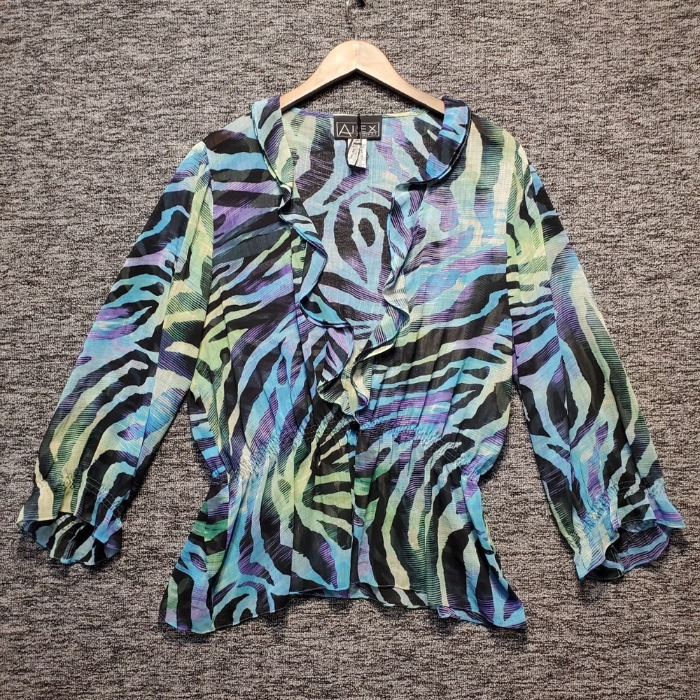 Alex Evenings Blouse Women XL Blue Zebra Ruffle Sheer Chiffon Y2K Glam Statement